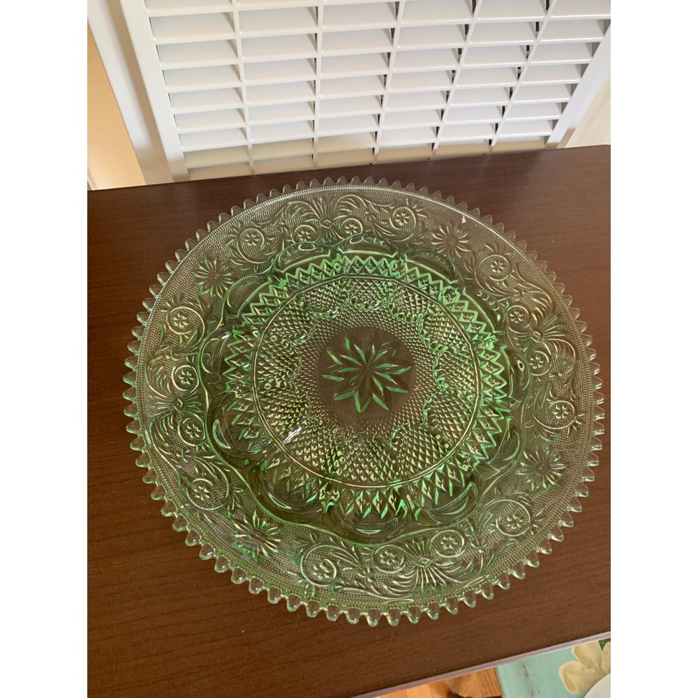 Vintage Green Tiara Glass Deviled Egg Platter Starburst Scalloped Edge 12"
